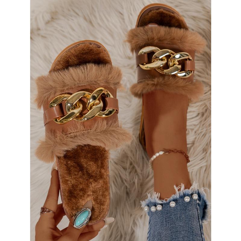 Large size new flat bottom one-word metal chain Mao Mao drag comfortable casual one-word slippers women