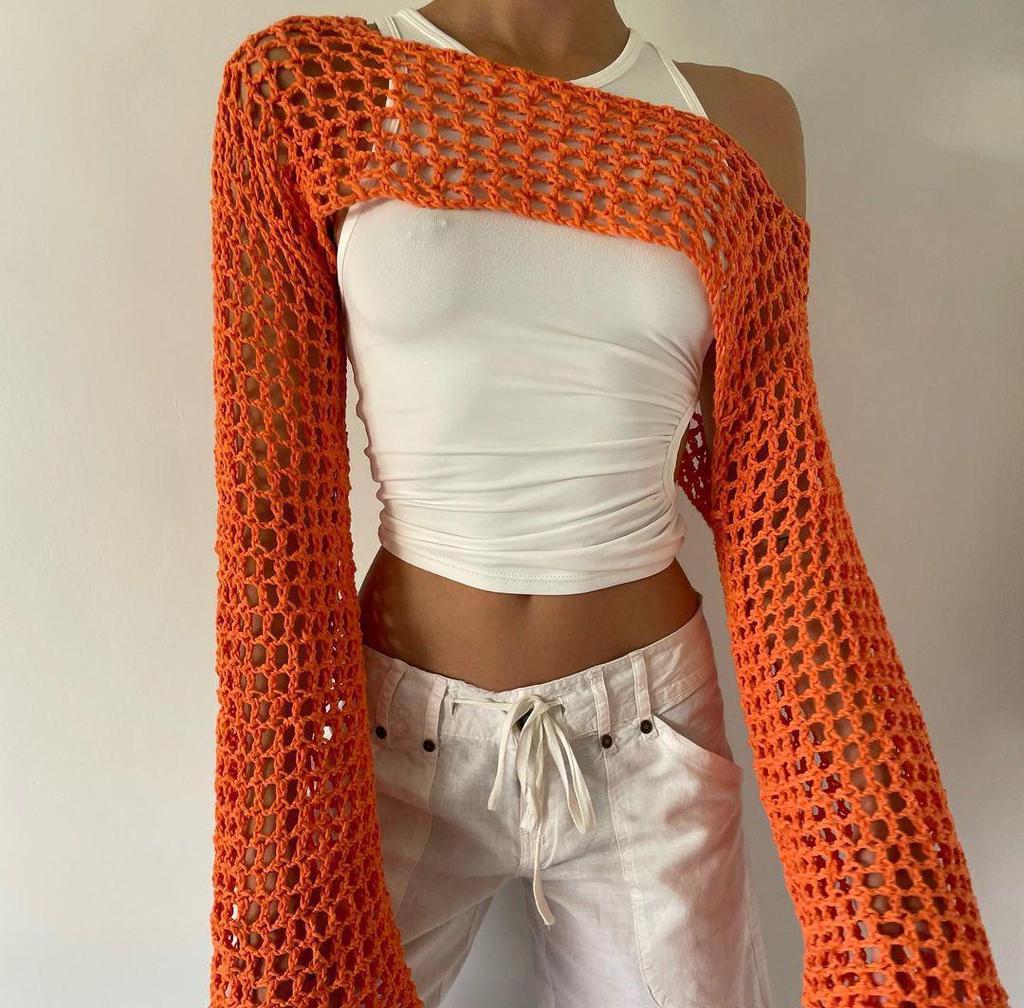 2025 Autumn Women's Ultra-Short Hand-Hooked Mesh Sweater with Trumpet Sleeves