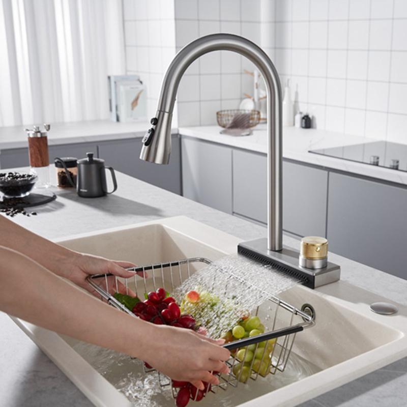 Gun Grey Pull Out Kitchen Sink Faucet Waterfall Water Single Hole Hot&Cold Mixed Basin Faucet Multi-functional Water Sink Tap