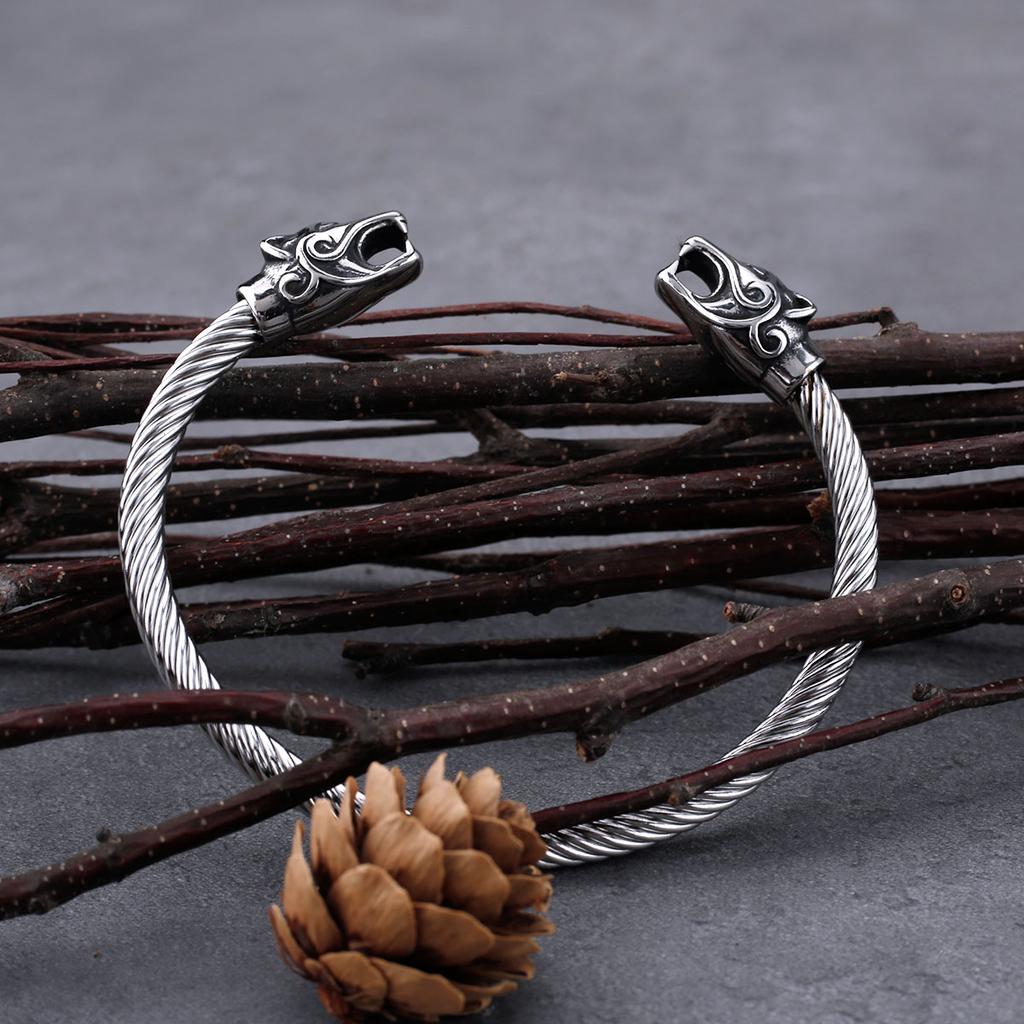 Stainless Steel Vikings Dragon Head Bracelet for Men Punk Biker Charm Wristband Cuff Odin Arm Ring Nordic Fashion Jewelry Gift