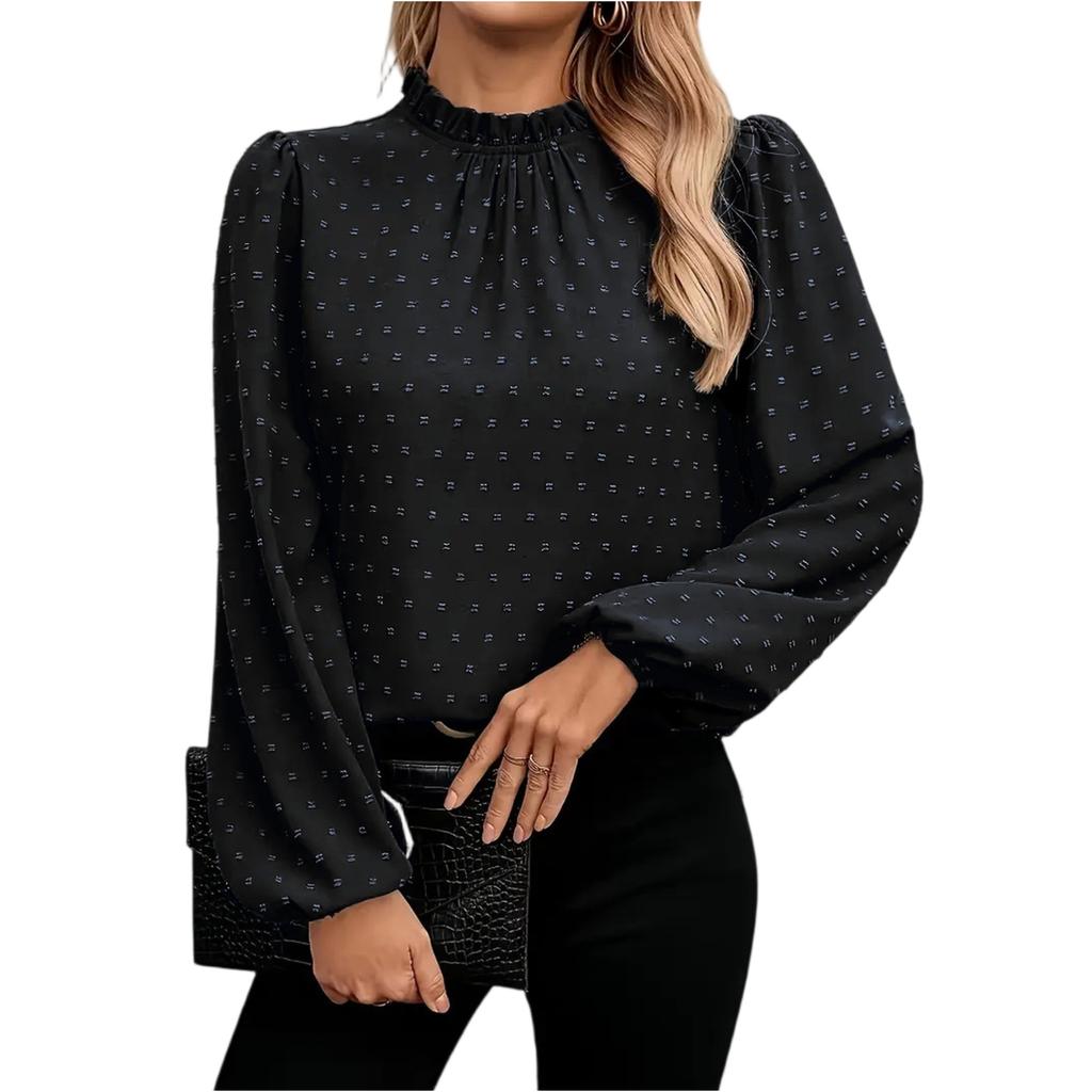 Women's Fashion Casual Polka Dot Pleated Round Neck Long Sleeve Color Top