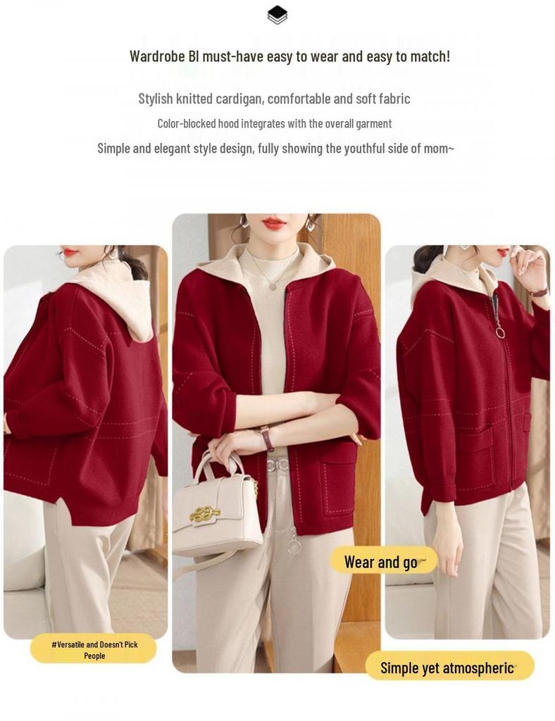 2024 Spring & Autumn Knitted Hooded Cardigan for Middle-Aged & Elderly Women