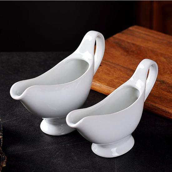 White Ceramic Gravy Boat Sauce Server with Large Pour Spout Non-Slip Bottom Gravy Dispenser for Gravy Salad Dressings