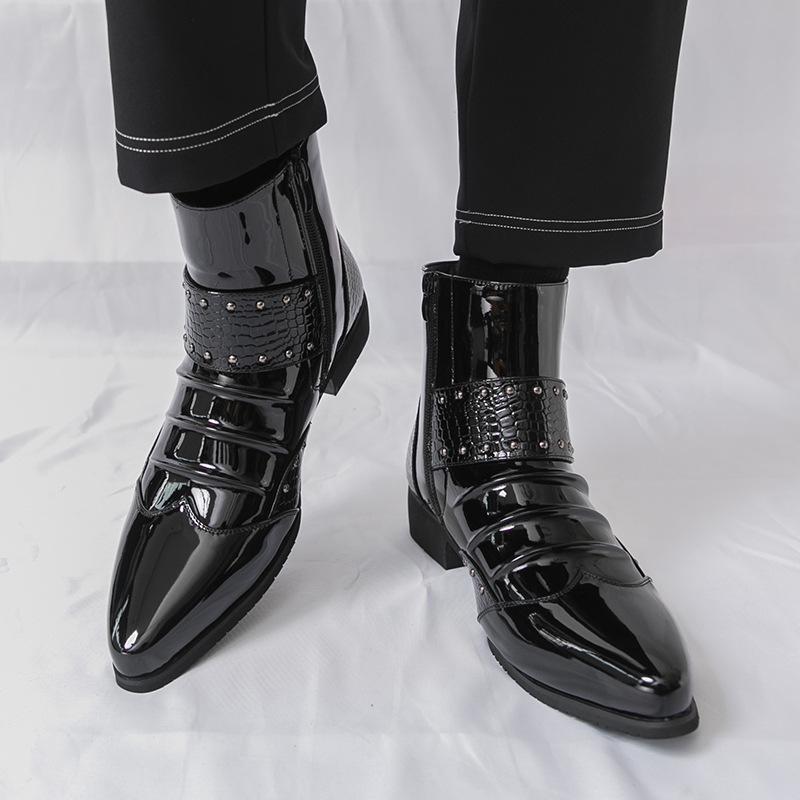 Men's Autumn Shiny Pointed Toe High-Top Chelsea Leather Boots - British Style, Formal or Casual.