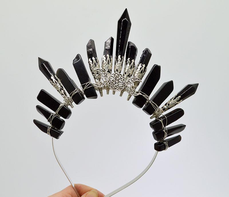 Retro Silver Moon Crystal Glass Crown Headband