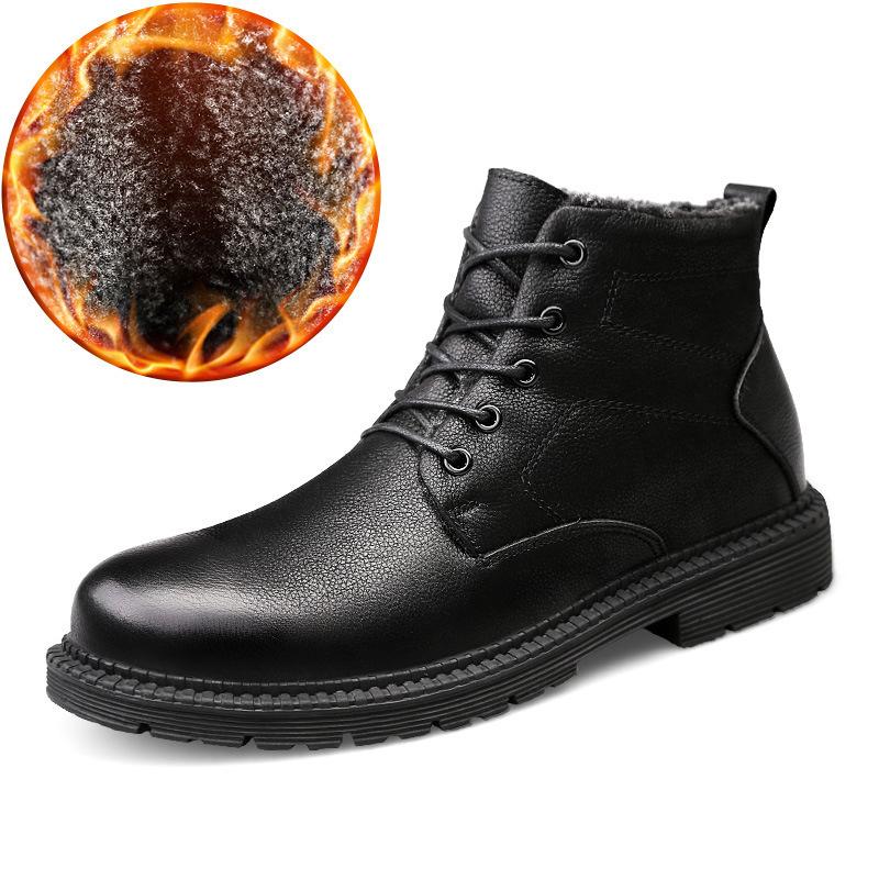 Fashion Men'S Medium Leather Boots Fashion Trend Casual Lace-Up Daily Men'S Shoes Cotton Warm Martin Boots