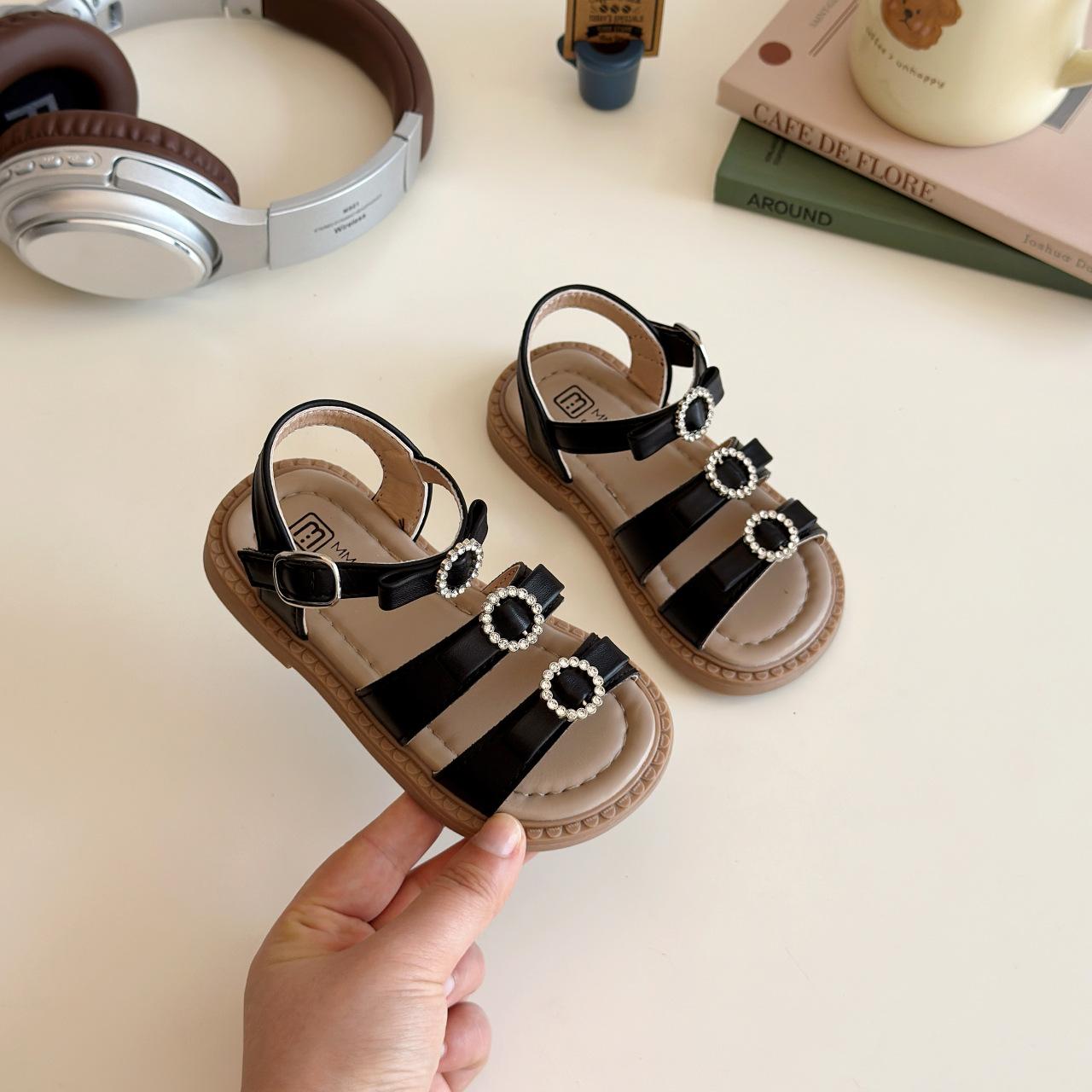 Kids Rhinestone Decor Open Toe Sandals 21 чёрный