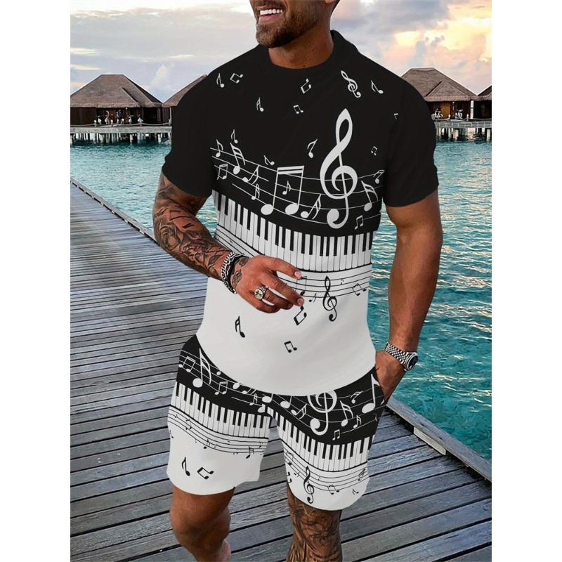 Mens Summer TwoPiece Set Animal Lion 3D Print Crew Neck Short Sleeve T-Shirt & Drawstring Shorts Outdoor