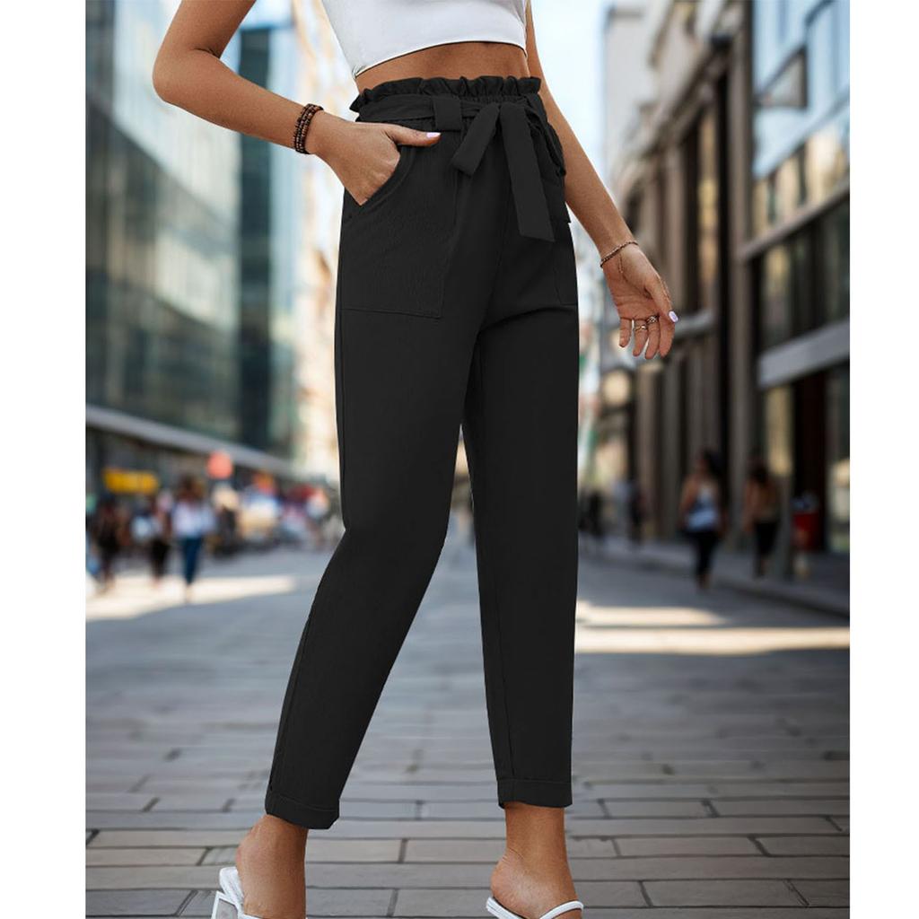 Women's Casual And Fashionable Color Pleated Straight Leg Rolled Up Casual Pants