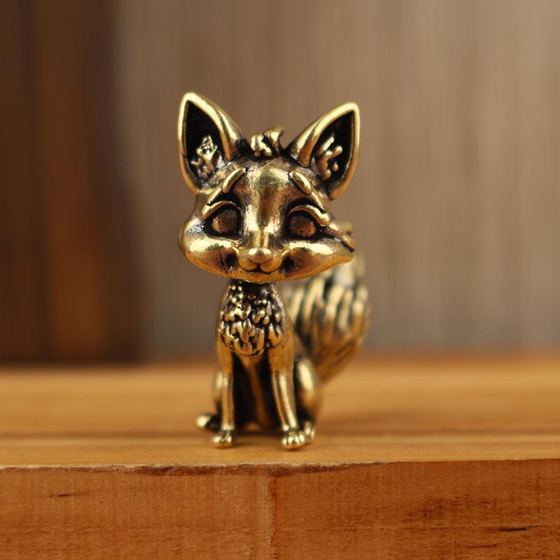 Brass Fox Statue Cute Fox Miniature Figurines Desk Ornament Decorations Accessories Copper Animal Sculpture Home Decor Crafts