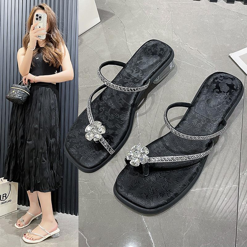 Französische Pantoletten mit dickem Absatz für Damen zum Tragen 2025 Sommer neue Mode Strass coole Pantoletten vielseitige Zehen Römersandalen