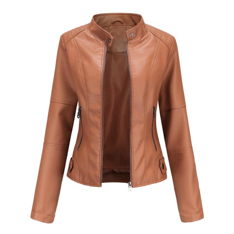 Womens Slim Fit PU Leather Jacket Stand Collar Biker Style Lightweight Coat