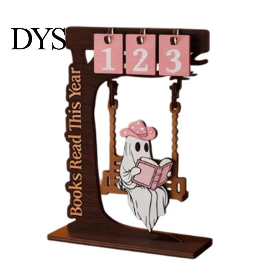 Unique Book Lover Gifts Wooden Tree Calendar Desk Ornament, Flippable Number Reading Goal Tracking Halloween Ghost Ornament Tabletop Decor,