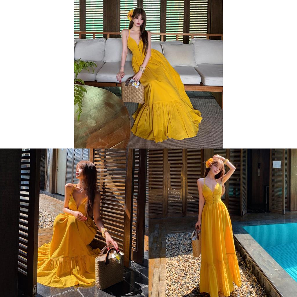 Vacation Dress With V Neck Sleeveless Long Skirt For Beach And Holiday