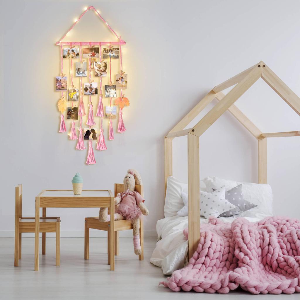 Bohemian Lace Wall Hanging Photo Display with Lights and Clips for Bedroom Decoration