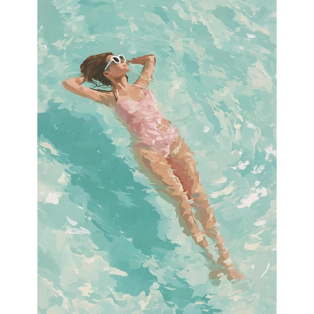 Dreamy Pastel Summer Beach Posters Woman Swimming Umbrella Sea Turtle Prints Canvas Painting Wall Picture Home Living Room Decor