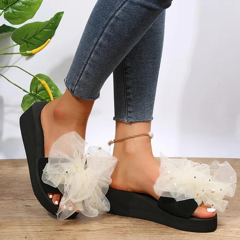 

Fashion Mesh Flower Shaped Wedge Slippers Women 2025 Stylish Sequins Thick Sole Sandals for Woman Non Slip Soft Bottom Slides Mujer 36