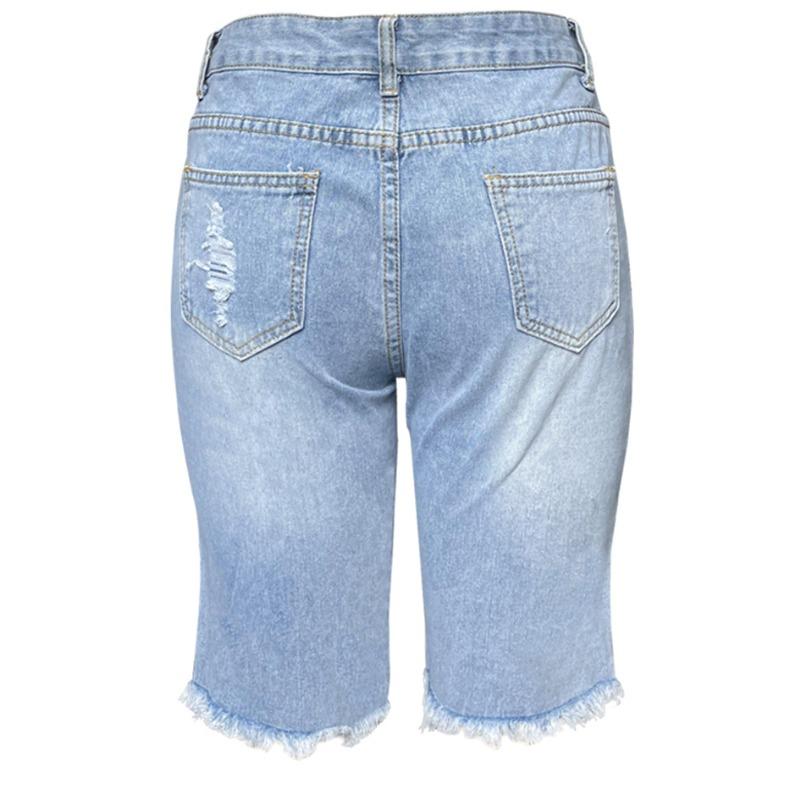 Yaz Kadın Denim Yırtık Moda Ham Kenar Saçaklı Kot