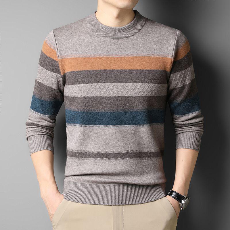 Autumn Winter New Men Sweater O-Neck Striped Contrast Color Thicken Warm Trend Fashion Loose Long Sleeve Pullovers Knitted Top