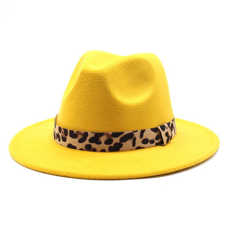 Woolen Top Hat Leopard Print Solid Color Hat Women'S Flat-Brimmed Big-Brimmed Jazz Hat 22 Colors