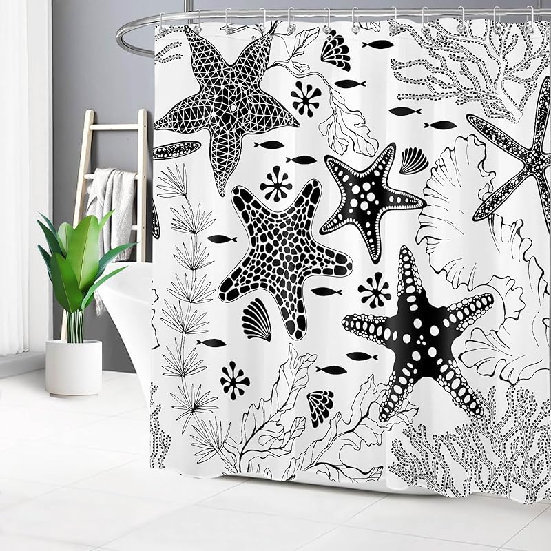 EOBTAIN Black and White Nautical Shower Curtain for Bathroom Summer Starfish and Seaweed Abstract Underwater Fabric Shower Curtain with 10 Hooks