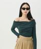 Nubaibeu V-Neck Off-Shoulder Shirred Long Sleeve T-Shirt [Green]