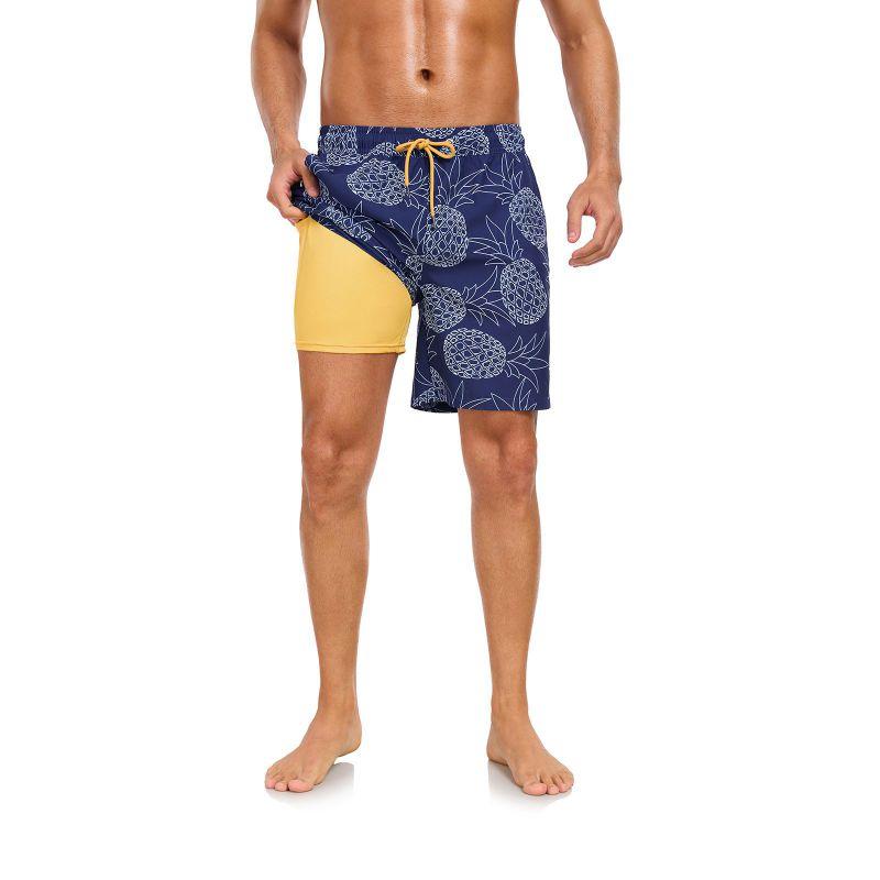 Men's Double-Layer Printed Beach Shorts Drawstring Swim Trunks
