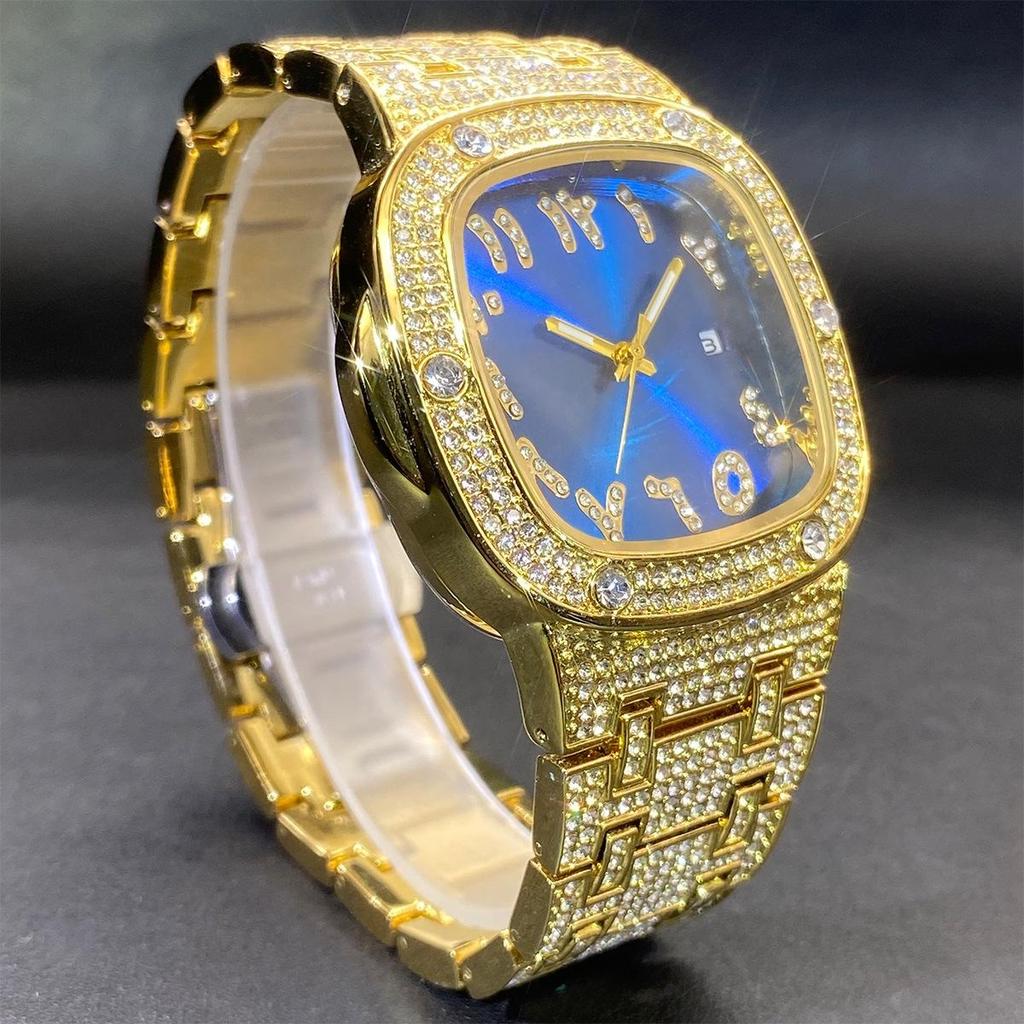 Luxury Diamond Watch for Men Hip Hop Style Bling Iced Out Wristwatch Fashion Square Steel Waterproof Clock