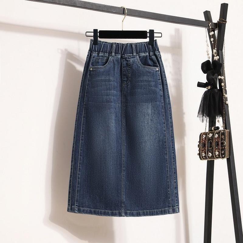 Spring and Autumn Women s Denim Skirt Fashion Loose and Skinny Medium and Long Elastic Denim Skirt Washed Denim Midi Skirt Straight Loose Daily S