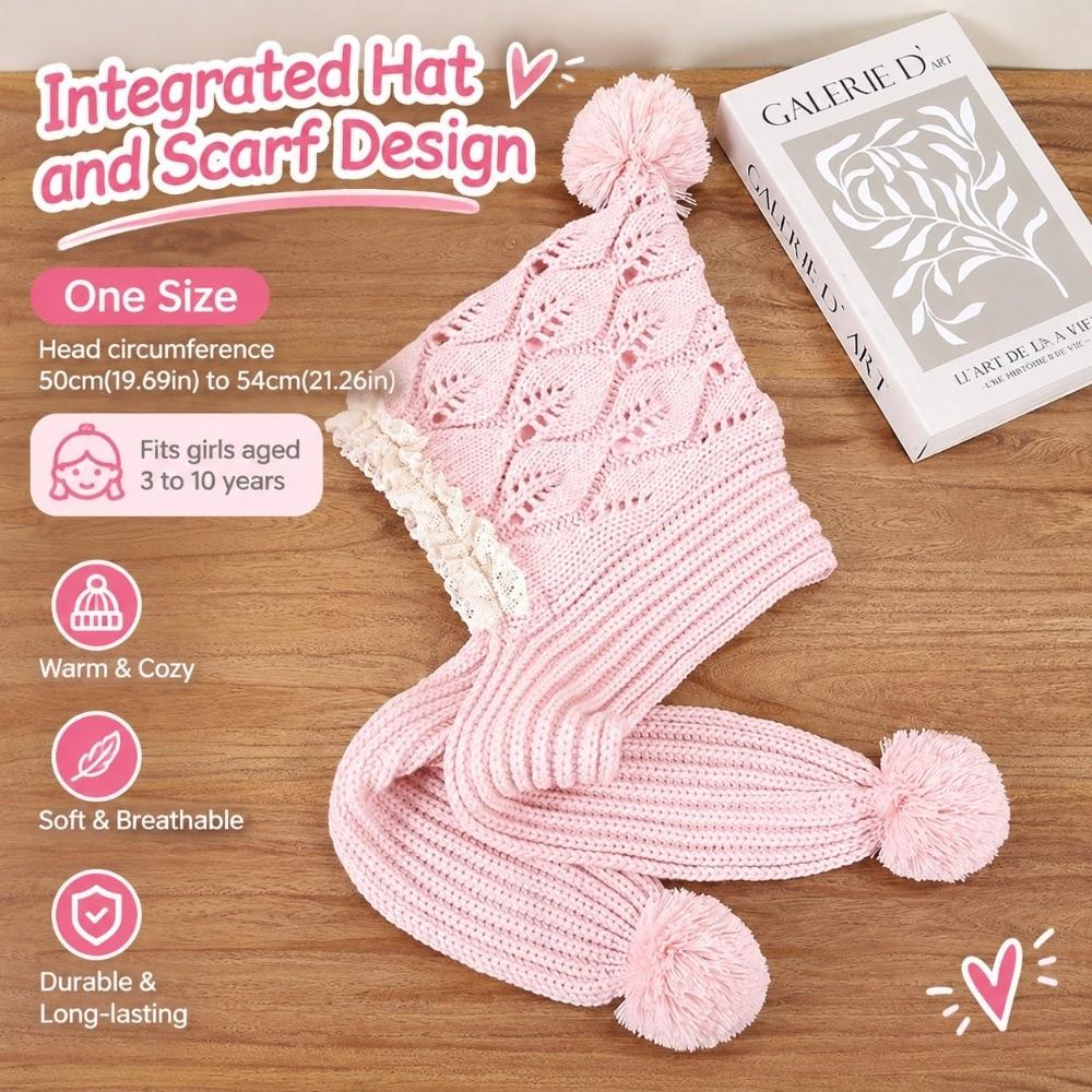 Lace Trim Integrated Winter Set Windproof Earflaps Winter Hat Soft Knitted Hat Scarf Set For Girls