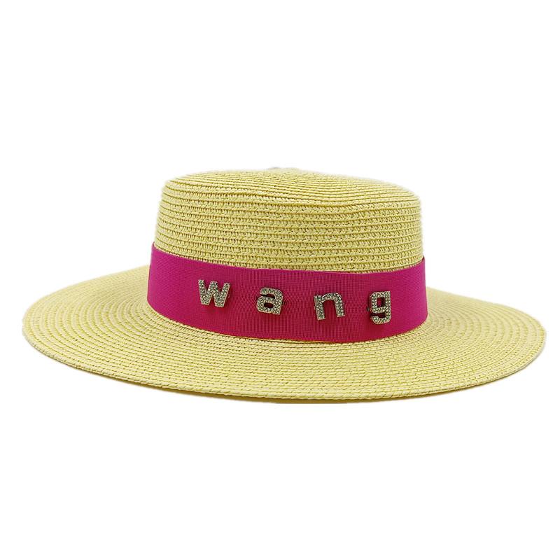 2022 new rhinestone RB letter flat top hat sunscreen black and white straw hat top hat holiday straw hat