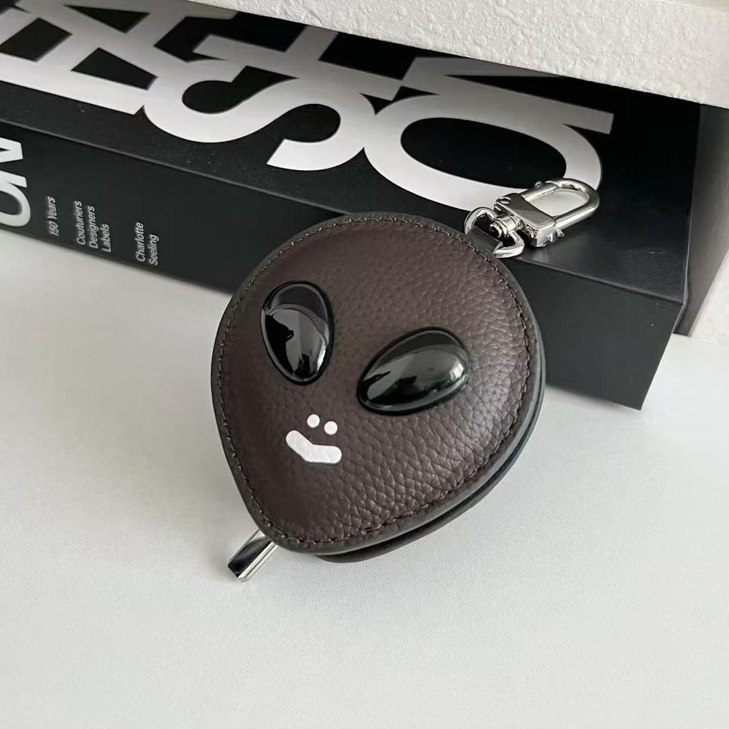 Alien Head Top Layer Cowhide Leather Bag Charm Earphone Key Storage Pouch Fashionable Accessory for Organizing Small Items