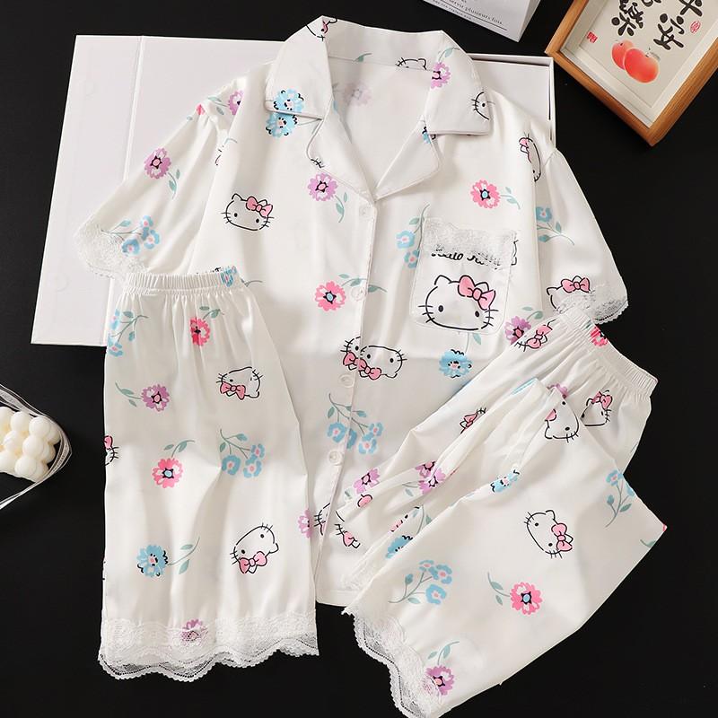 Girls Ice Silk 3-Piece Pajama Set Short Sleeve Sleepwear Kids 8 Years Cartoon Print Lightweight Air-Conditioning Suit