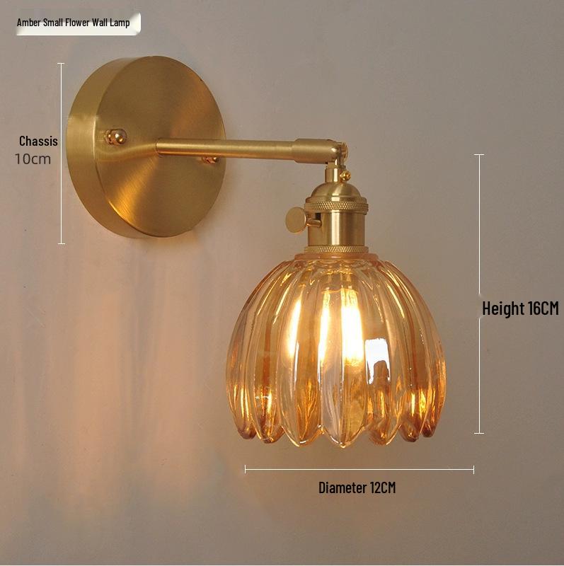 Retro Japanese Copper Amber Glass Wall Lamp - Modern for Bedroom or Entryway.