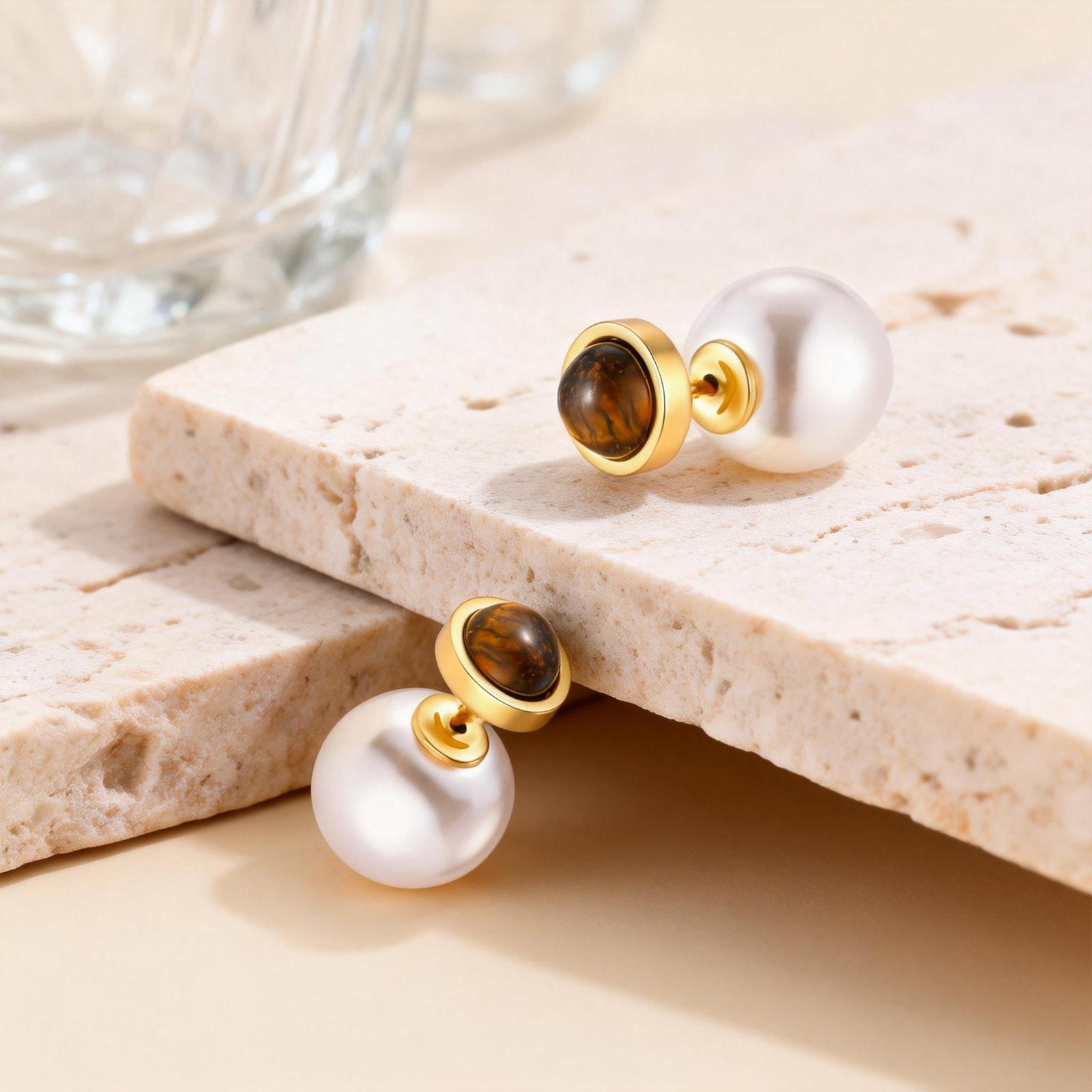 

Double-sided Tiger s Eye Imitation Pearl Stud Earrings Women s Stainless Steel Natural Stone Earring Popular Temperament Jewelry