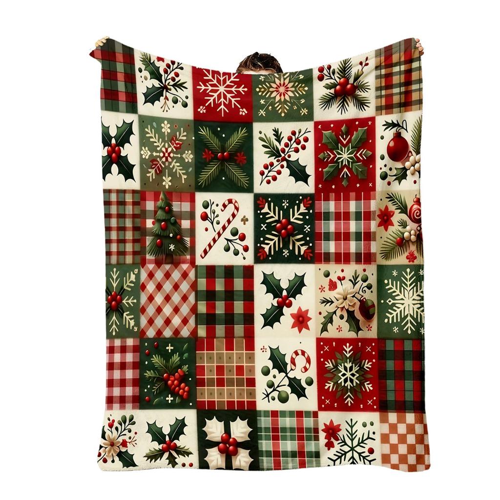 1pc, 2D Flat, Christmas, Holly, Snowflake Printed Blanket Vibrant Neon Design with Butterflies& Hearts, All-Season Use, Blanket for Bed, Cozy Home Acc