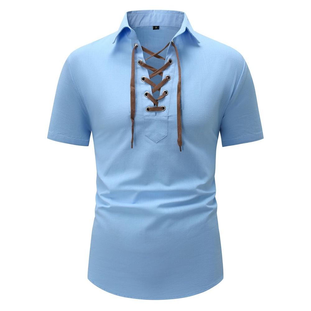 

Летняя мужская модная рубашка с короткими рукавами, повседневная однотонная мужская рубашка с V-образным вырезом и короткими рукавами XXXL синий