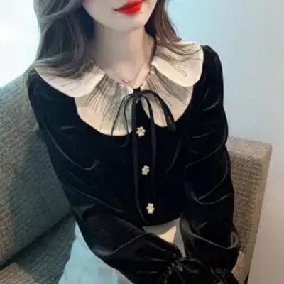 Camisa de Mujer Talla Grande Estilo Nuevo para Principios de Otoño Cuello Peter Pan Alta Gama para Chicas Gordas que Parecen Delgadas y Cubre la Carne Top de Terciopelo Dorado