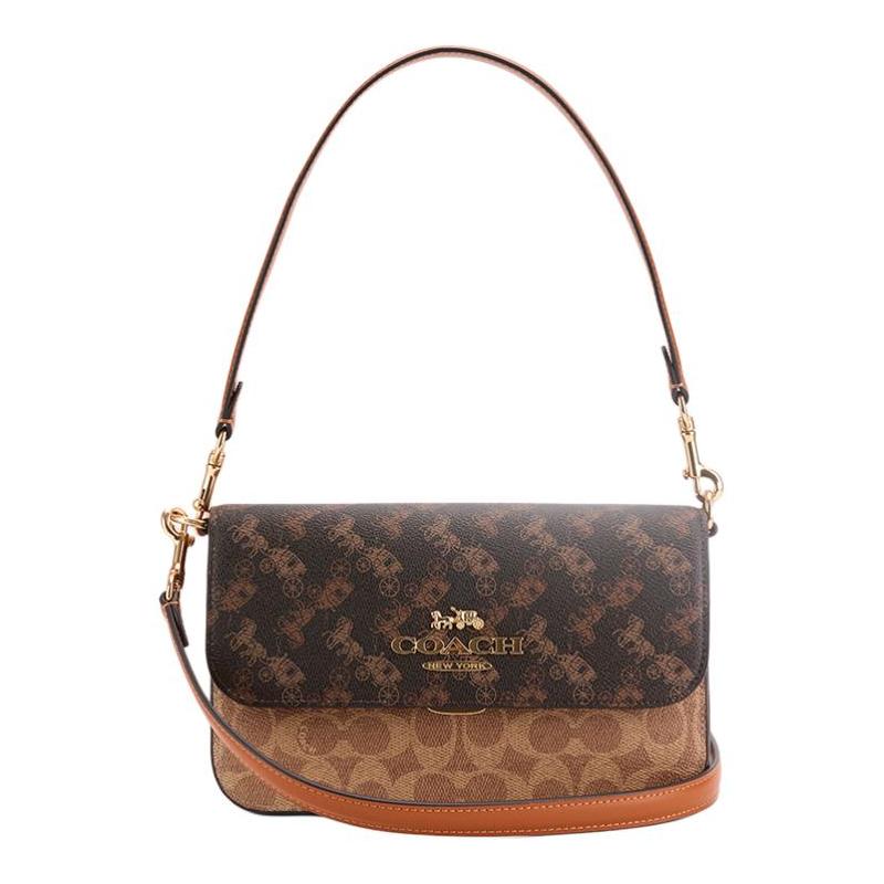 

COACH Brynn 23 Carriage Print Faux Leather Crossbody Shoulder Bag Medium Women Truffle and Mixed Colors коричневий