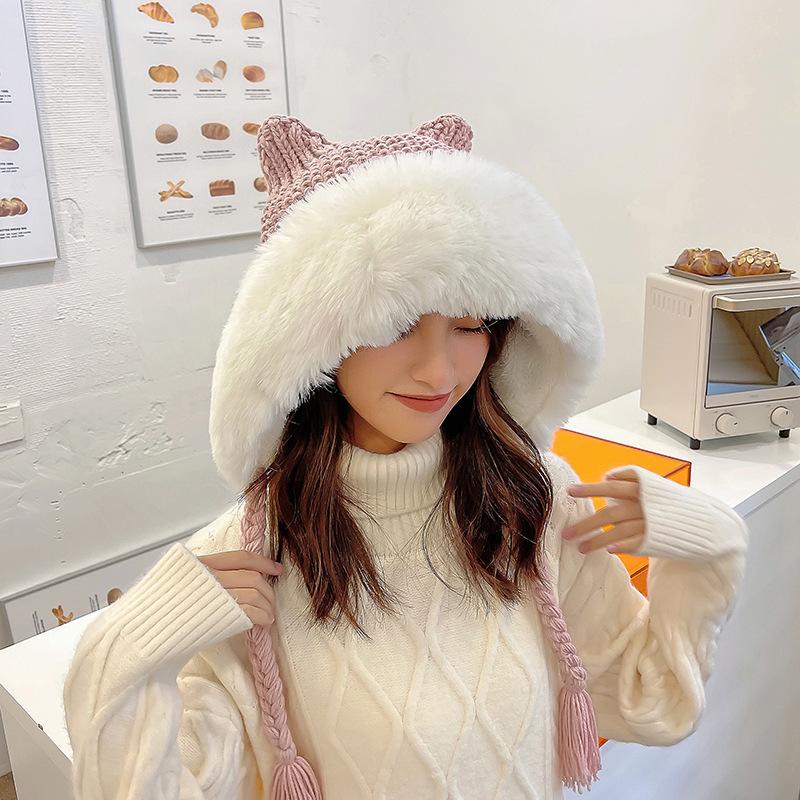 New Women Winter Warm Cute Beanie Hat Cat Ears Lady Kawaii Knitted Crochet Beanies Hat Cap With Braid For Women