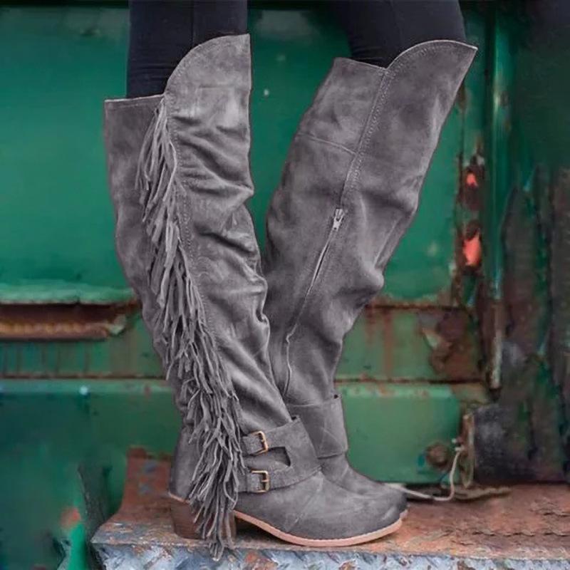 Winter new style long boots with thick heels and large sizes, long tassel boots for women