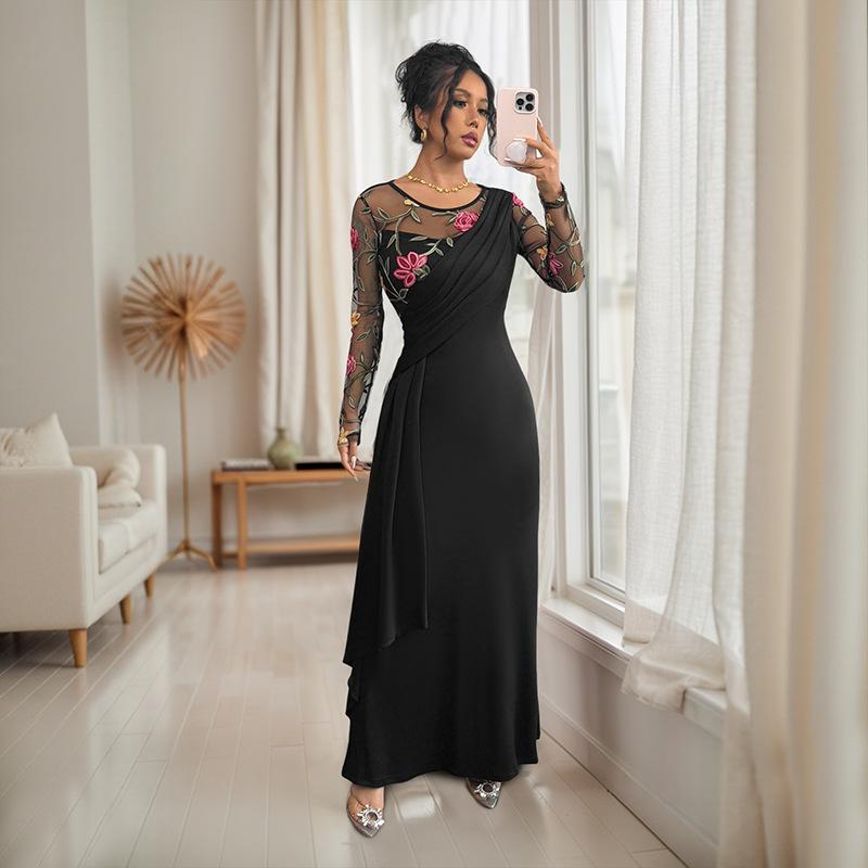 2025 Autumn New Retro Temperament Round Neck Mesh Embroidered Long-sleeved Dress for Women