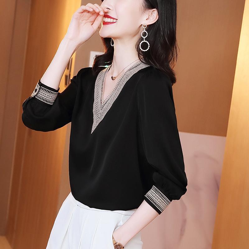 Temperament Women s V-neck Chiffon Shirt Long Sleeved Shirt Fashionable Versatile Base Top S чёрный