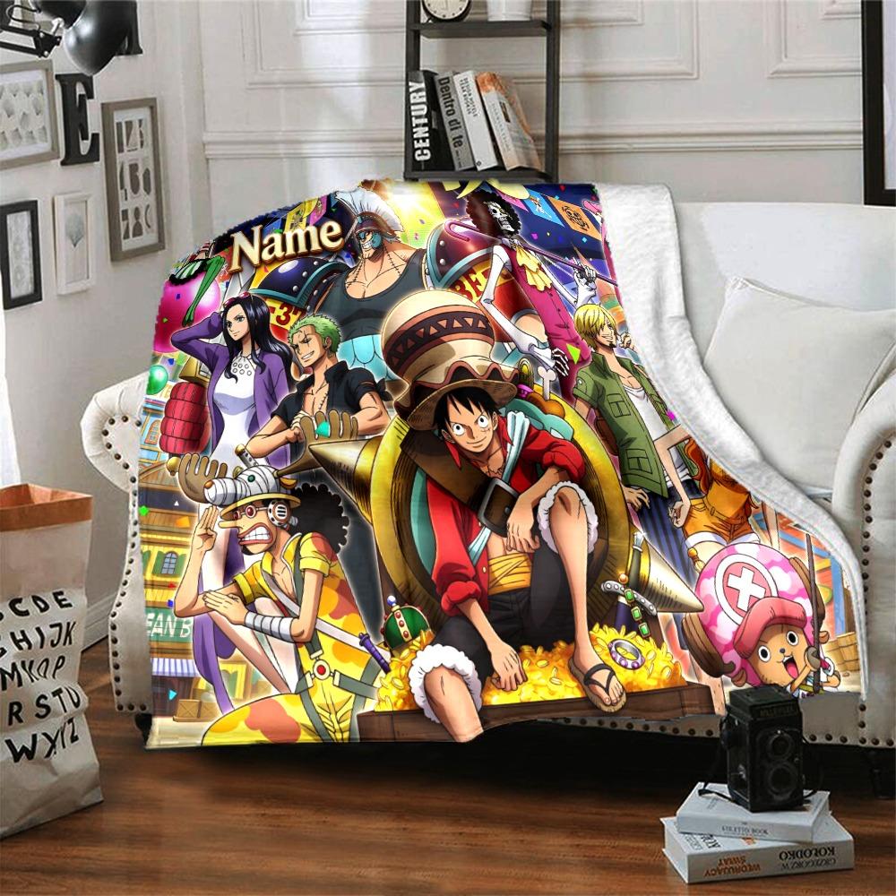 Custom Name One Piece Anime Characters Flannel Blanket Super Soft Warm Cozy Blanket For Sofa Bed Office Travel Allseason Home Decor Gift