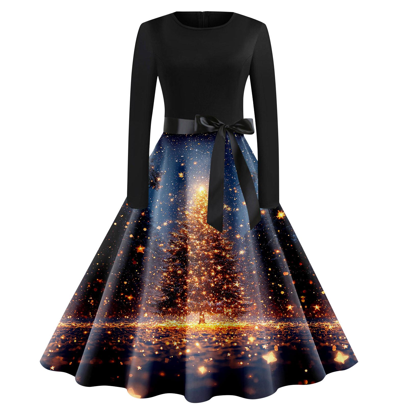 

Женское винтажное классическое платье с воротником на талии и галстуком-бабочкой с длинными рукавами и рождественским принтом, с круглым вырезом, свободное платье XL золотой