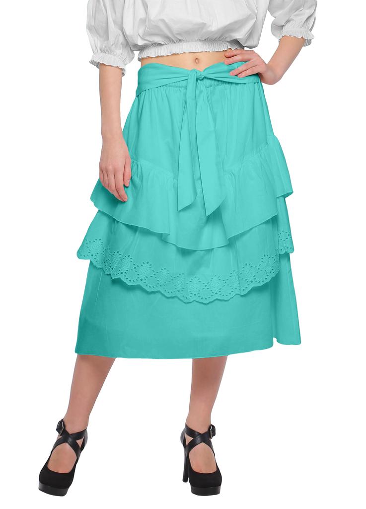 Moomaya Solid Cotton Skirts For Women Knee Length With Lace Belt Ruffle