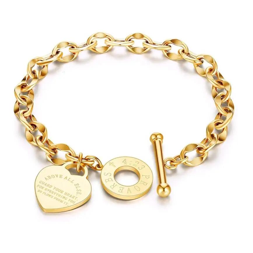 

316L Stainless Steel Heart Letter Pendant Round OT Buckle Bracelets for Women Fashion Trend Fine Exquisite Jewelry Gift 18cm