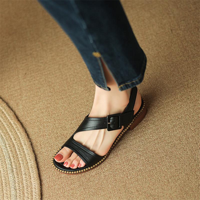 Fashion New Genuine Leather Summer Sandals Women Round Toe Shoes Chunky Heel Open Toe Back Strap Sandals for Women Cow Leather Sandals