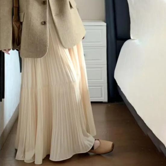 Women Maxi Skirt Elastic High Waist Flowy Hem Long Skirt Solid Color Splicing Design Slimming Skirt Daily Wear