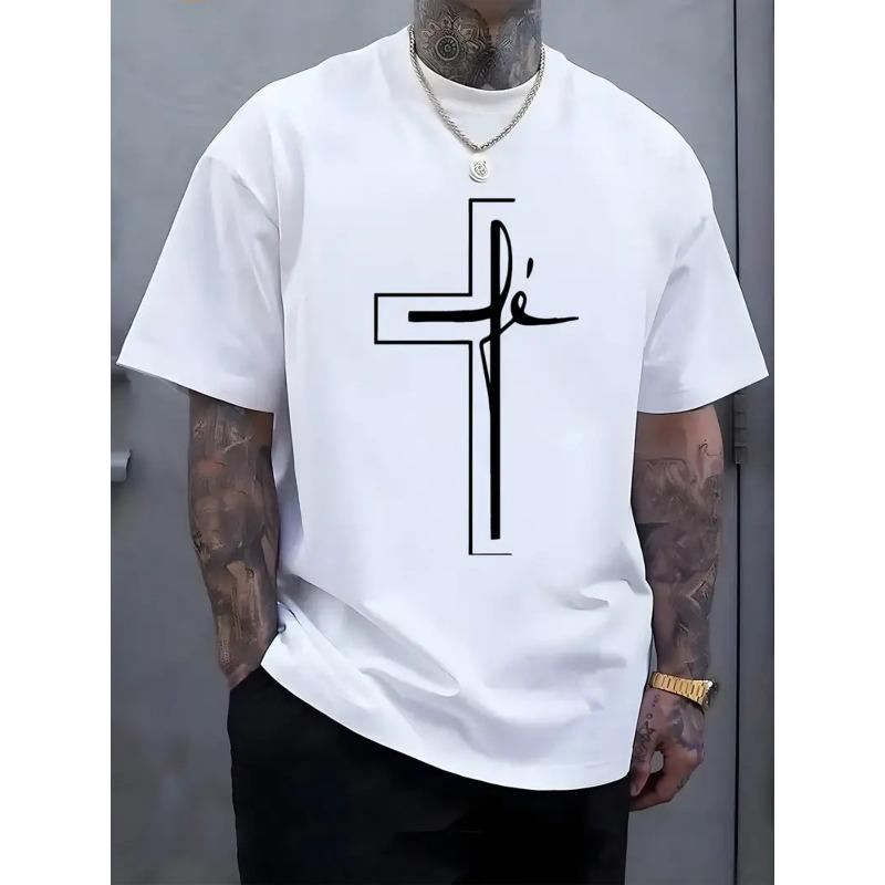 European sizes Men's T-Shirt with Minimalist Line Cross Print, Comfortable Casual Short-Sleeved T-Shirt for Summer